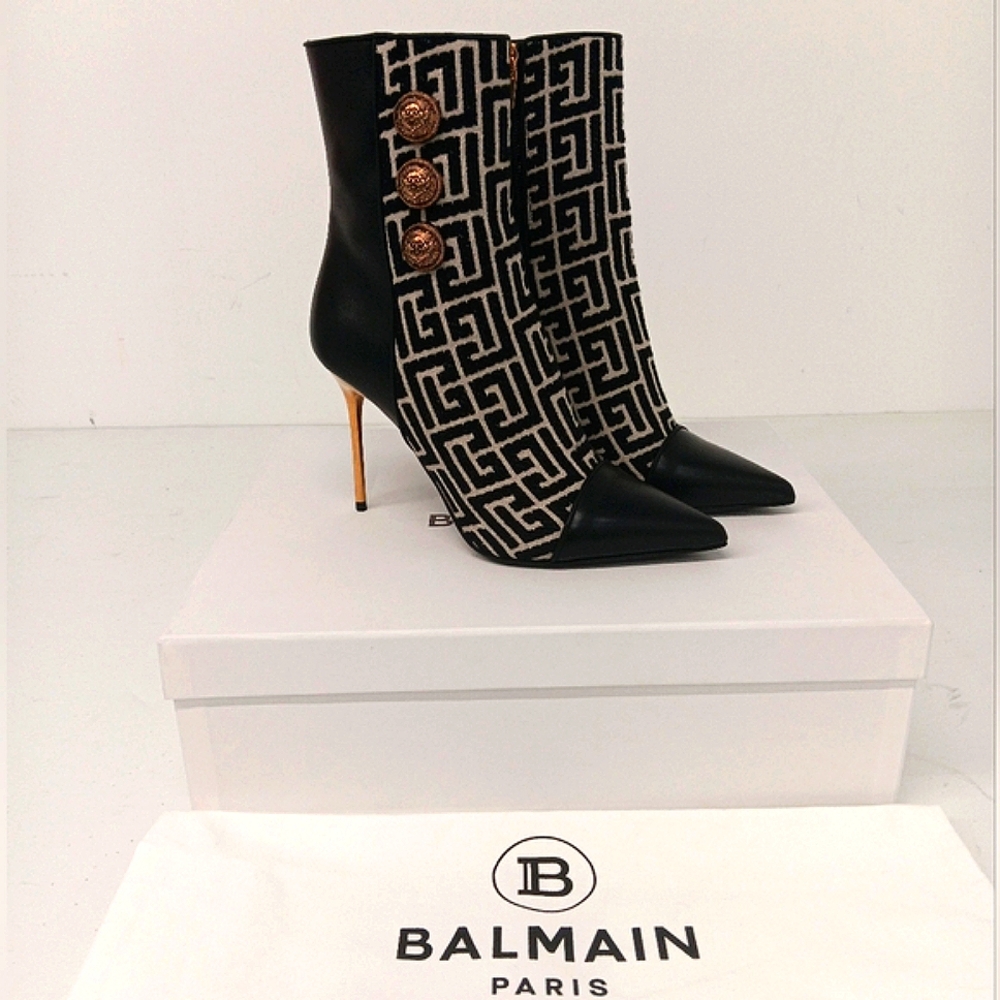Balmain Roni Women's Blk/White Monogram-Jacquard & Leather Pointed Ankle Boots